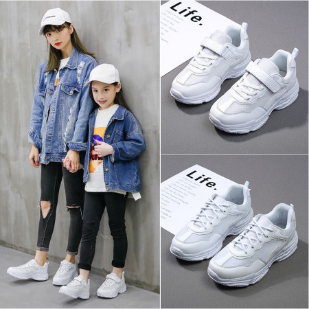 Children's White Shoes Parent-Child Shoes Spring New Breathable Mesh Mid-Large Casual Sports Shoes